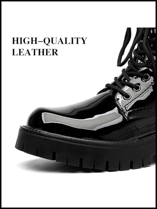 Black Patent Leather Platform Combat Boots Lace Up Side Zipper Chunky Heel main image 2